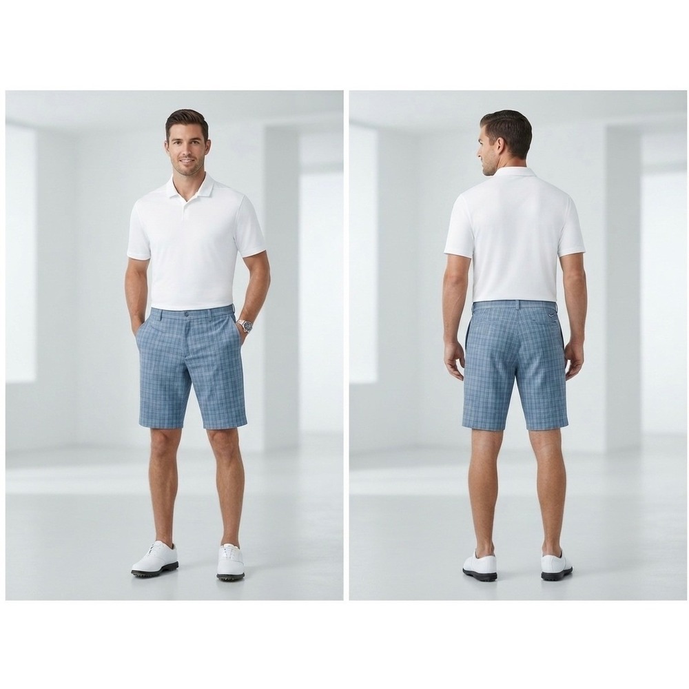 Nike Golf Shorts Mens 34 Blue Plaid Fit Dry Performance Flat Front Pockets